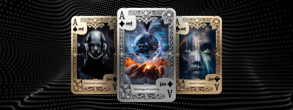 3 cards to represent species intelligence, ontology of learning, and system fragility